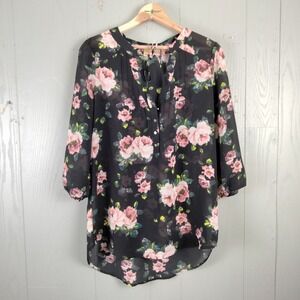 Princess Vera Wang Dark Floral Top Women L Whimsigoth Black W/ Roses Puff Sleeve